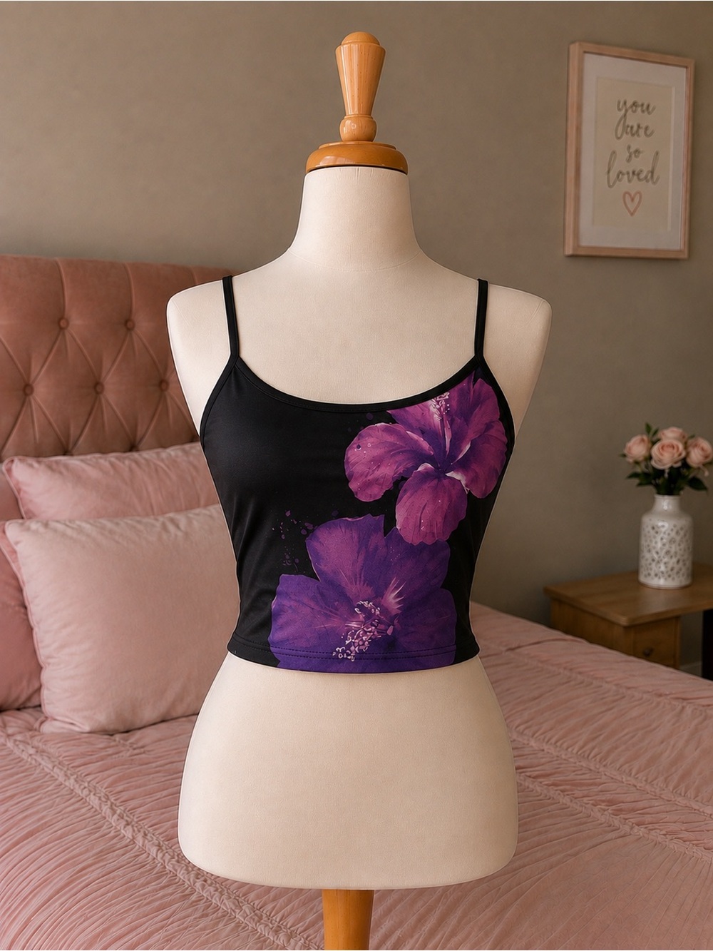 & Other Stories Black Crop Cami with Purple Floral Print